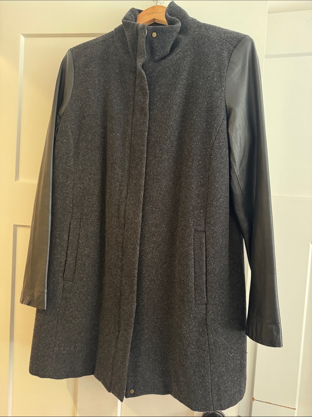 Wool-Blend Stand Collar Coat with Leather Sleeves - Charcoal